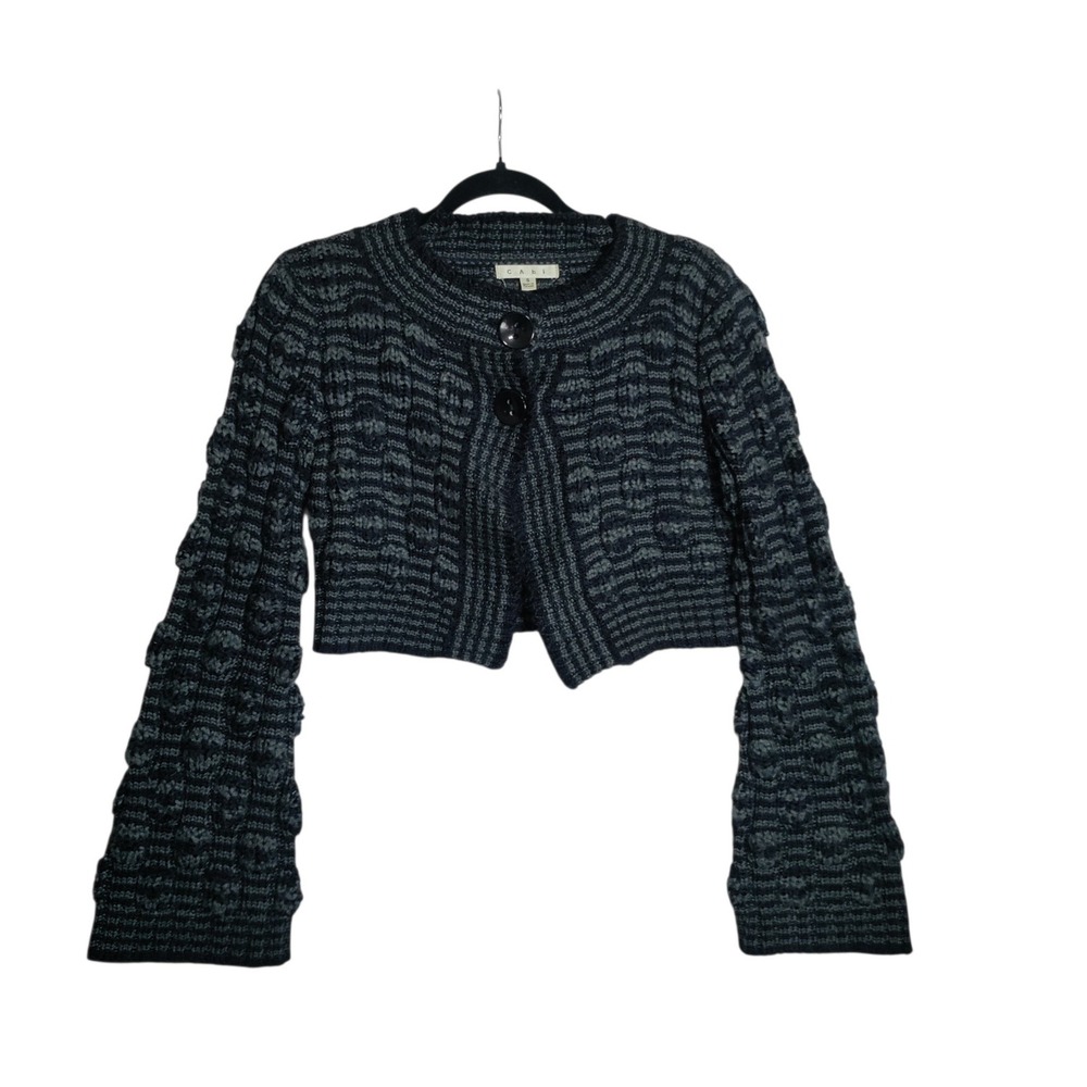 Cabi 614 Womens Gray Black Striped Cropped Popcorn Knit Cardigan Sweater Small